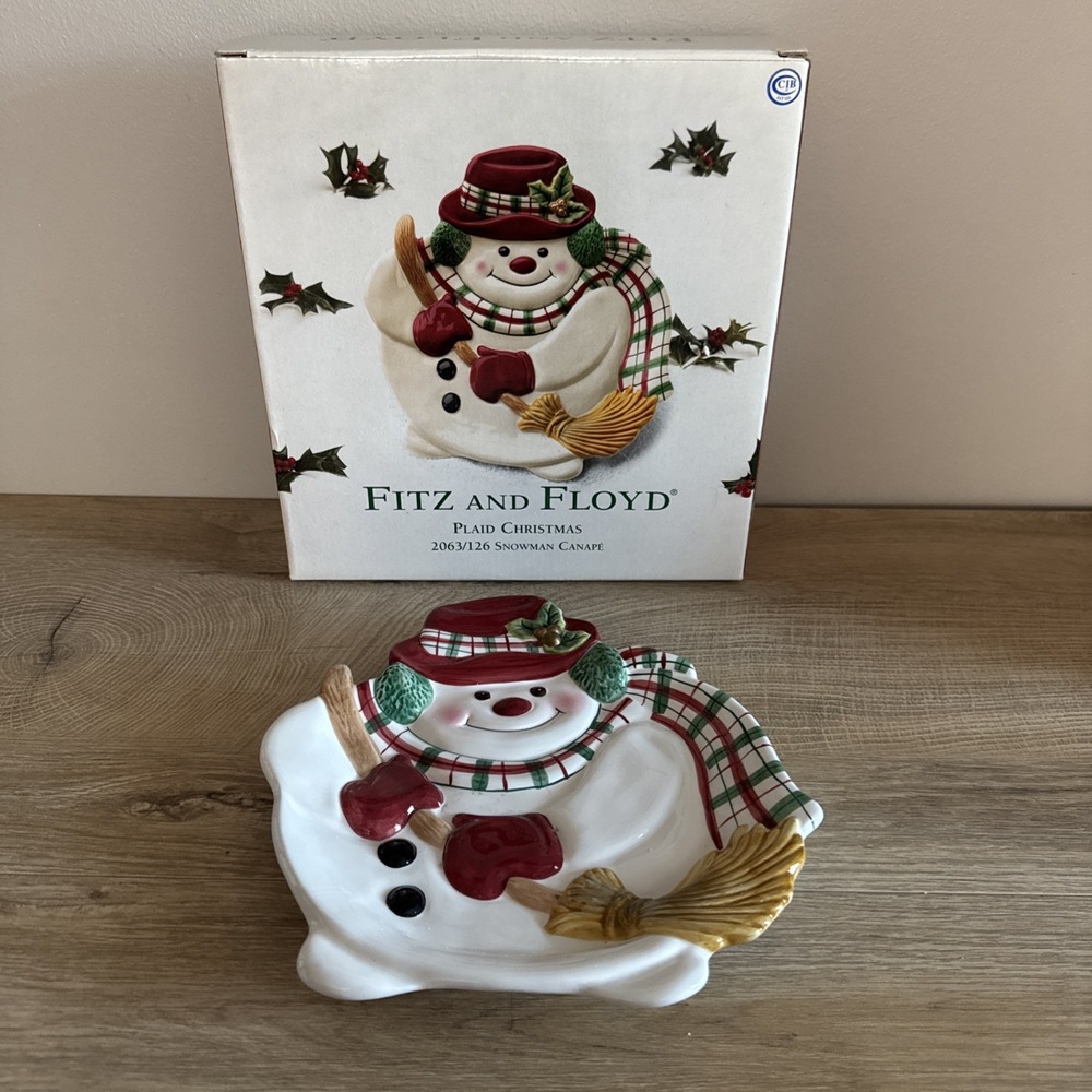 Fitz and‎ Floyd Plaid Snowman Christmas Canape Serving Plate 2063/126 New